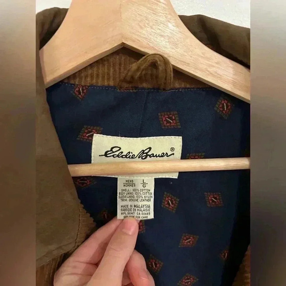Vintage EDDIE BAUER cotton corduroy barn chore jacket leather collar sz L/ xL - Picture 7 of 11